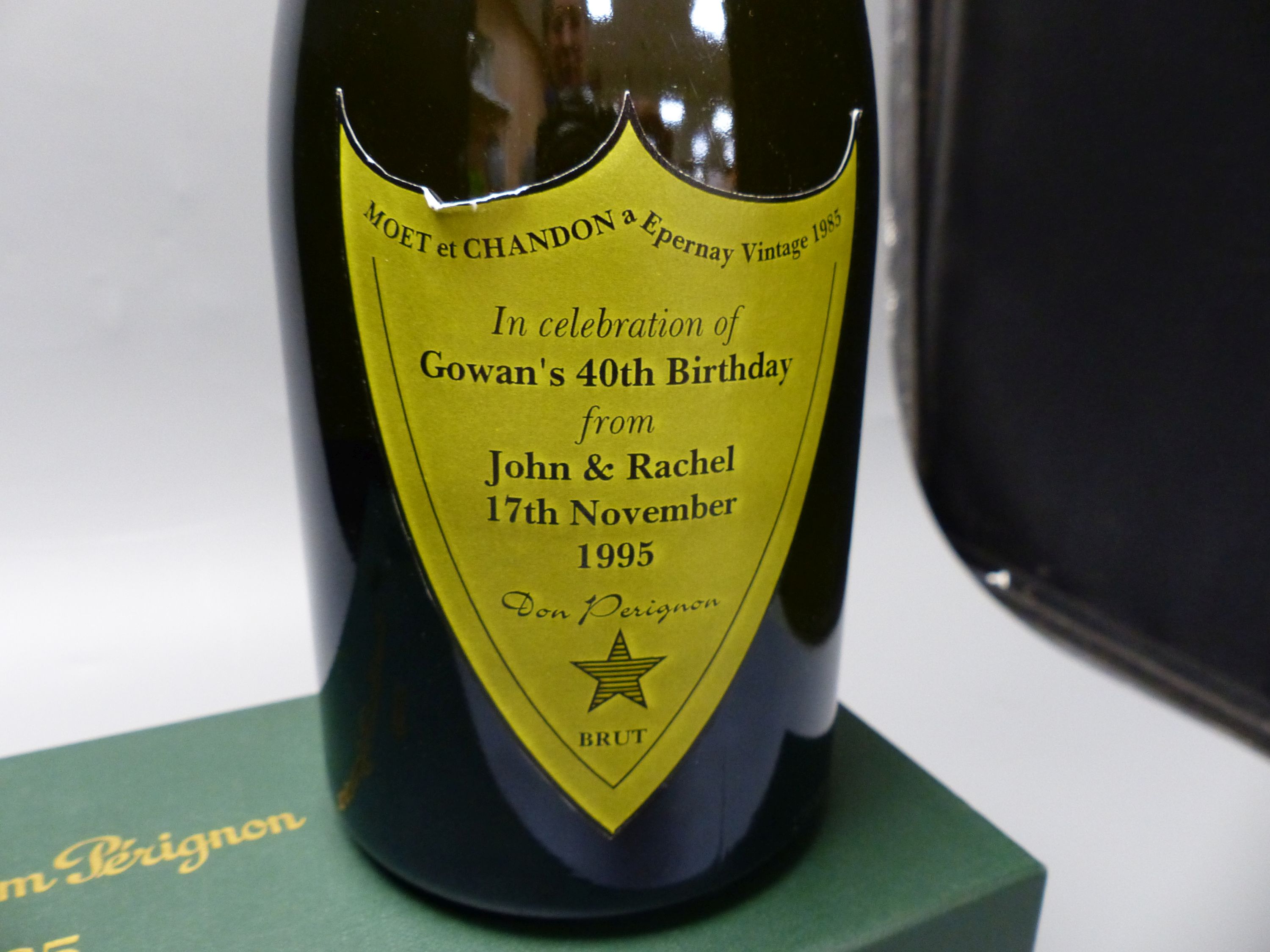 One bottle of Dom Perignon, 1985, with later personalised presentation label, boxed.